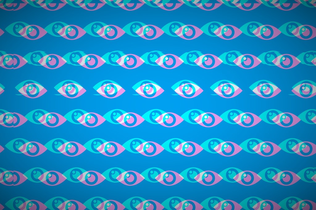 a collection of patterned illustrated eyes in blue and pink on a darker blue background